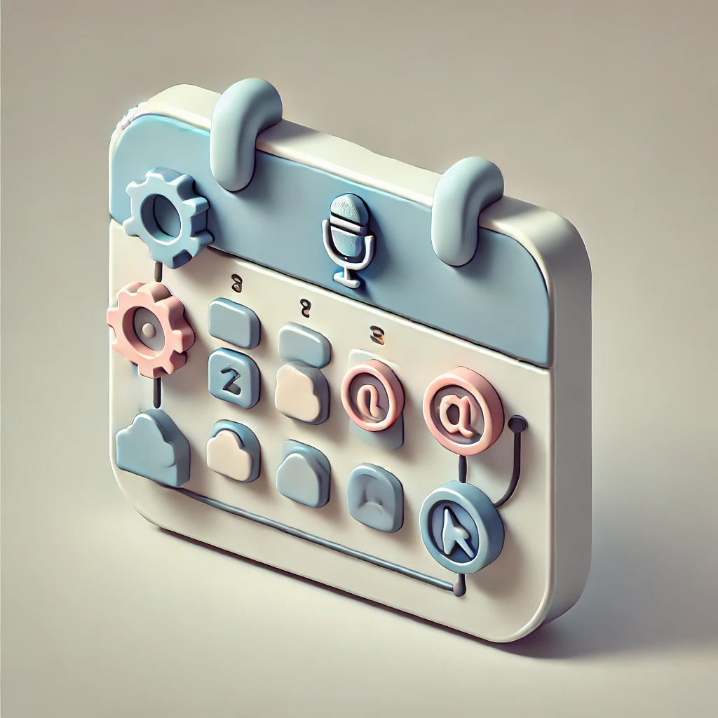 Un calendario in 3d con dentro delle icone che rappresentano gli strumenti digitali per pianificare gli eventi