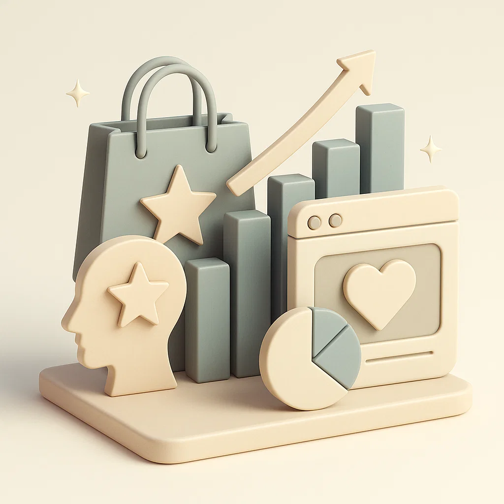 L'influenza dei brand rappresentata da prodotti brandizzati e una testa con un una stella per indicare come i brand entrano in testa