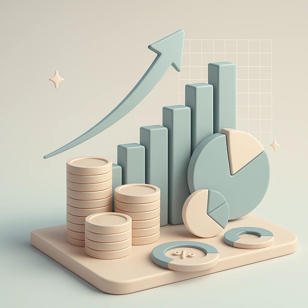 Il potere dell’interesse composto rappresentato da grafici a colotte e torte con una freccia verso l'alto e soldi