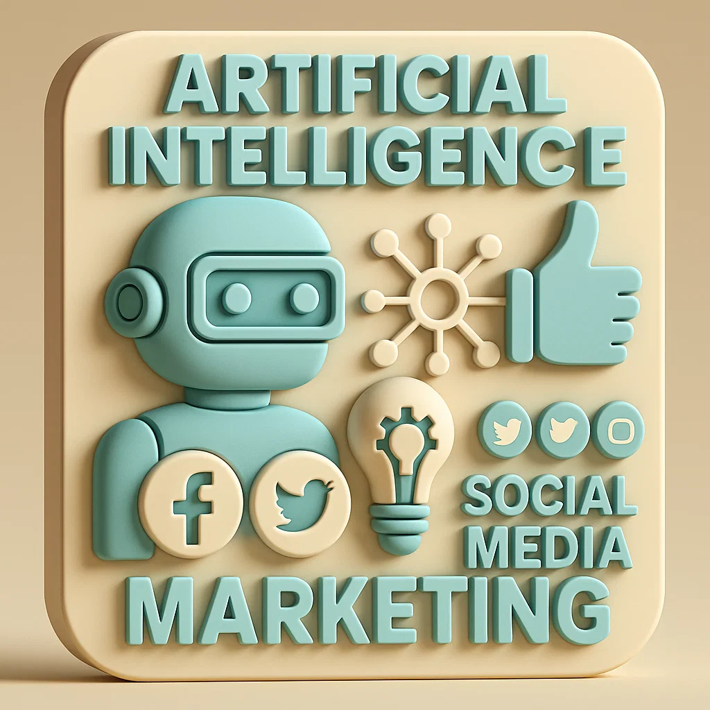 un robot che rappresenta l'AI con icone dei social e altri elementi come like e messaggi