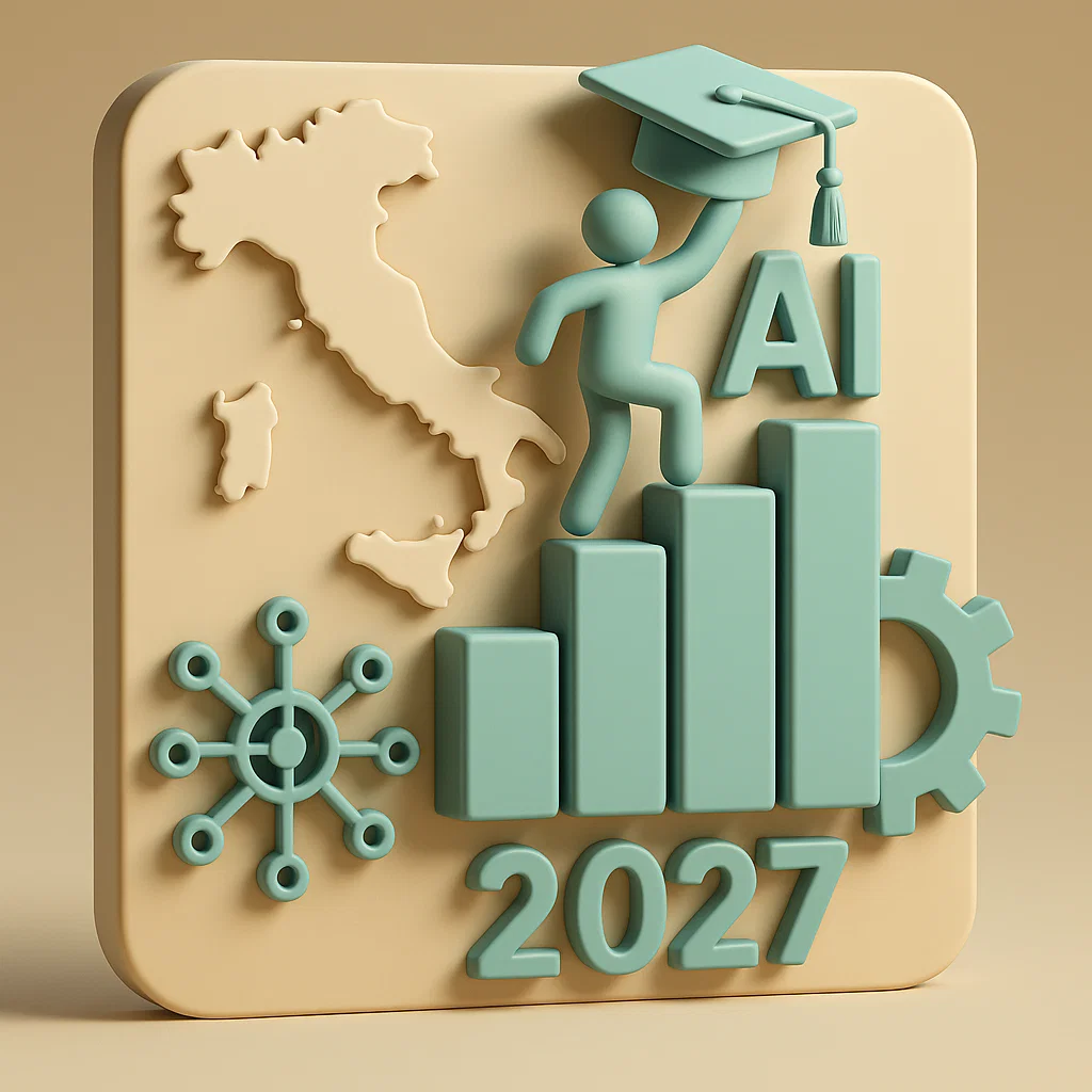 l'Italia con un grafico positivo che punta in alto con la scritta AI che rappresenta l'intelligenza artificiale implementata nelle azienda