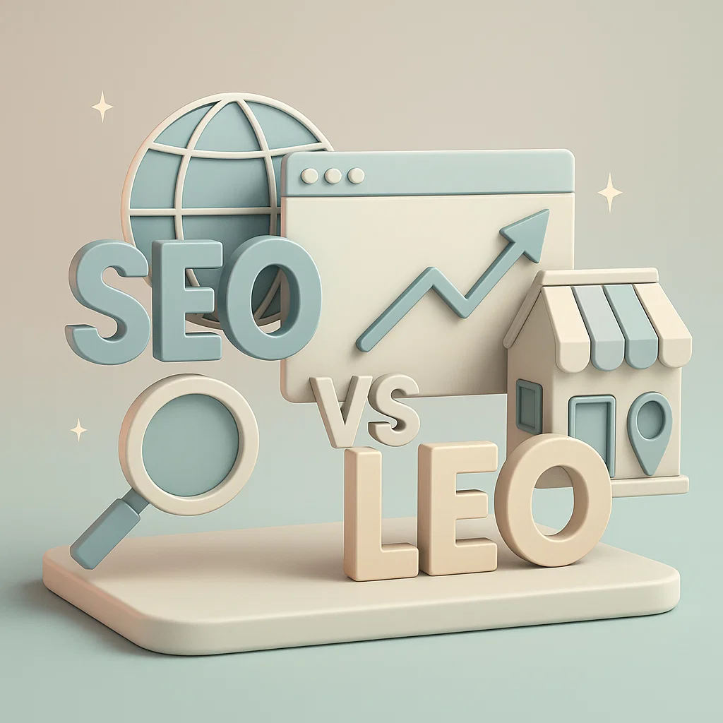 Grafico in 3d che mostra la differenza tra SEO e LEO, con intorno alcuni elementi 3d legati al digitale