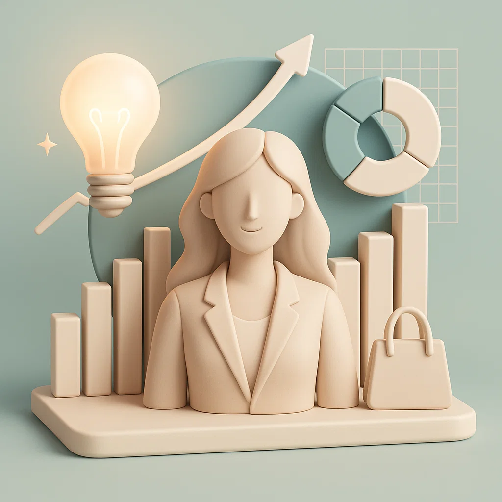 una imprenditrice nel mondo del lavoro con una lampadina accesa e grafici in positivo che rappresentano il buon impatto di queste