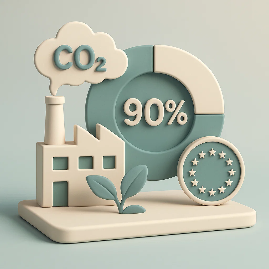 azienda con Emissioni co2 con l'indicazione al 90% al 90 % e la bandier europea