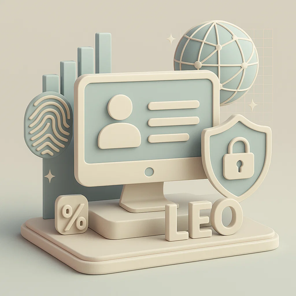 computer con elementi di connessione con il web e scritta Leo centrale