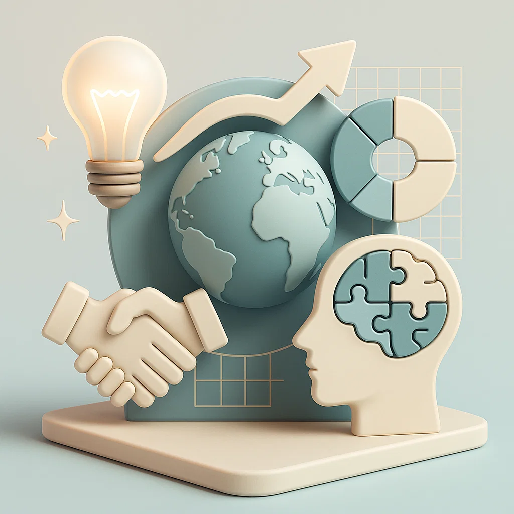 Piu elementi di collegamento come la stretta di mano, il mondo e la lampadina. elementi in positivo che rapresentano la presenza di neurodiversità in azienda