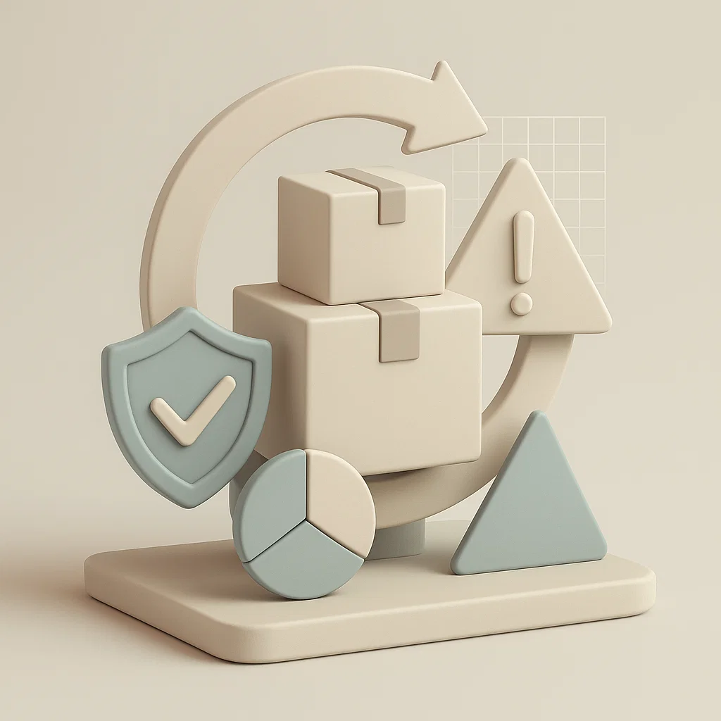 una freccia circolare con un cartello di attenzione che rappresenta il ciclo produttivo con due scatoloni