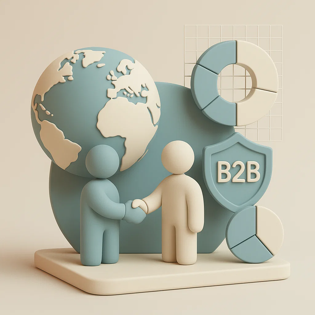 due persone che si stringono la mano per un accordo B2B come indicato dalla scritta B2B in uno scudo