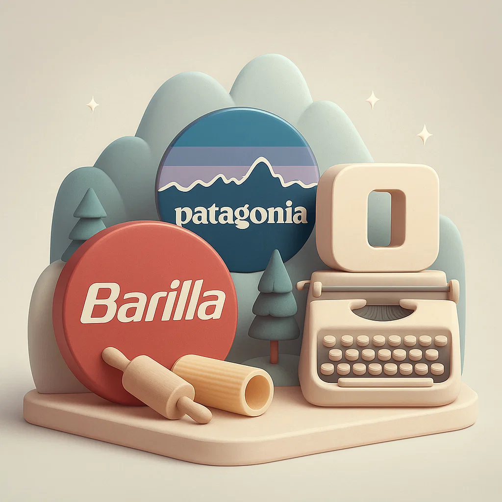 logo barilla e patagonia con una macchina da scrivere con montagne di sfondo