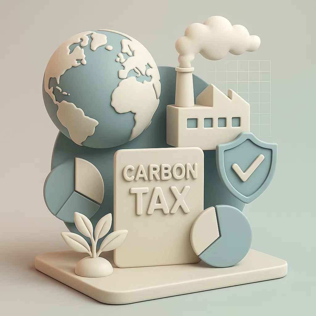 un cartello con carbon tax circondato dal mondo,un azienda e una piantina che indica la sostenibilità