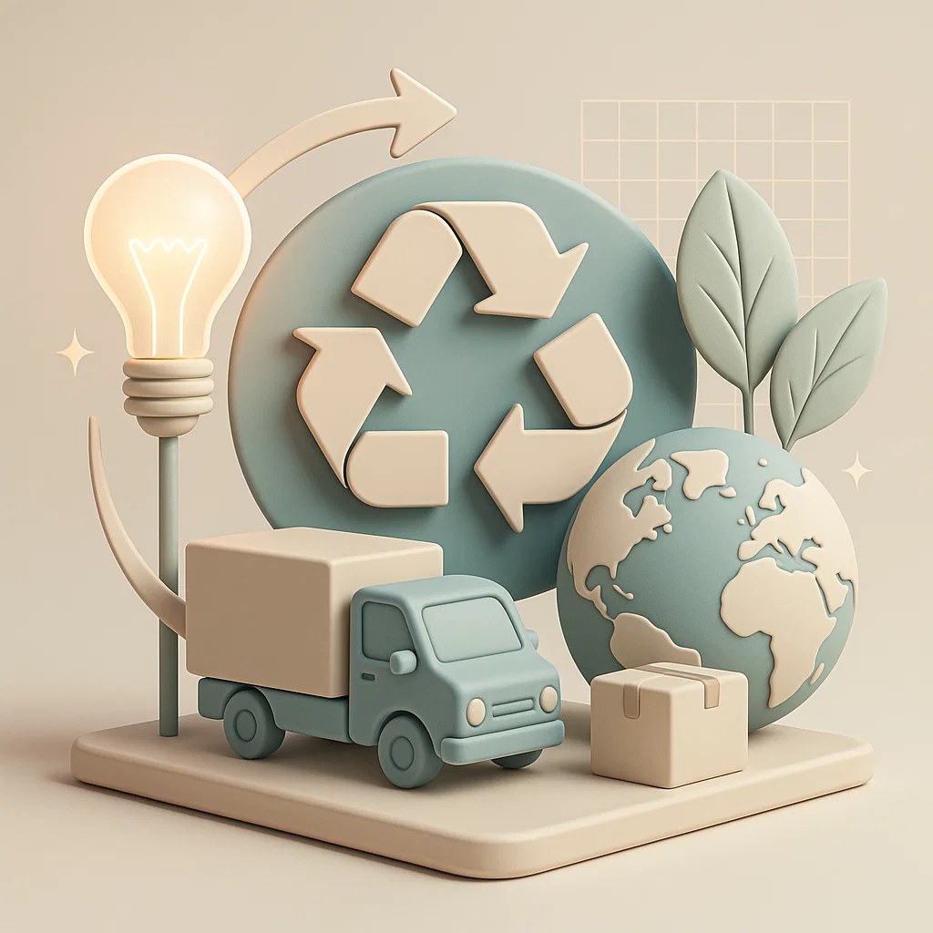 c'è un camion dei fornitori con l'icona della sostenibilità e una pianta accanto al mondo