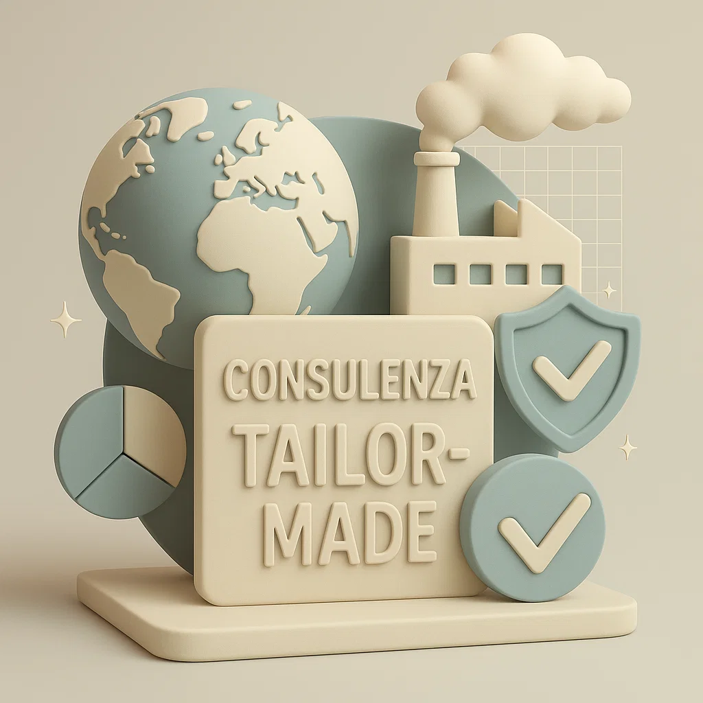 cartello con scritto consulenza tailor-made con un azienda e scudi e il mondo in secondo piano