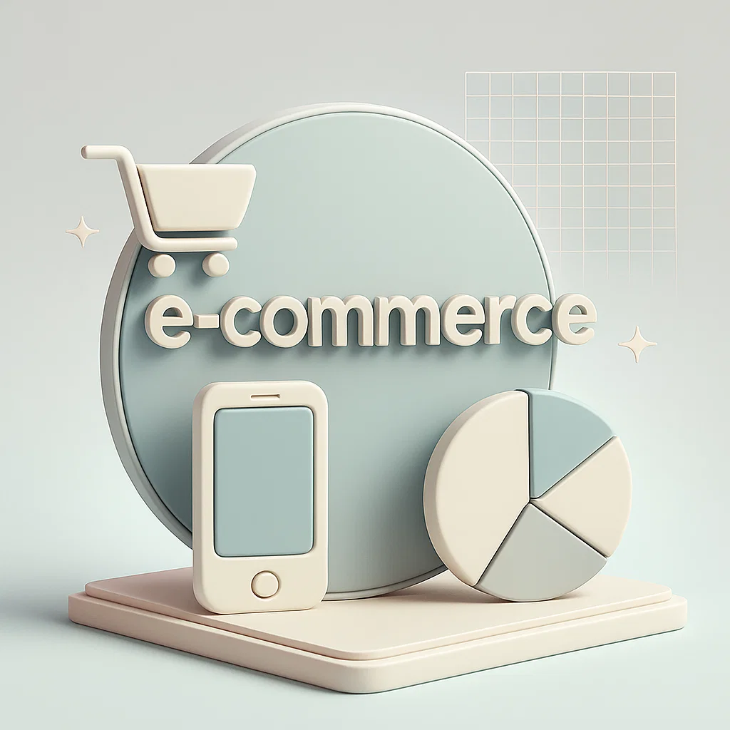 scritta e-commerce con carrello per acquisti, un telefono e un grafico a torta