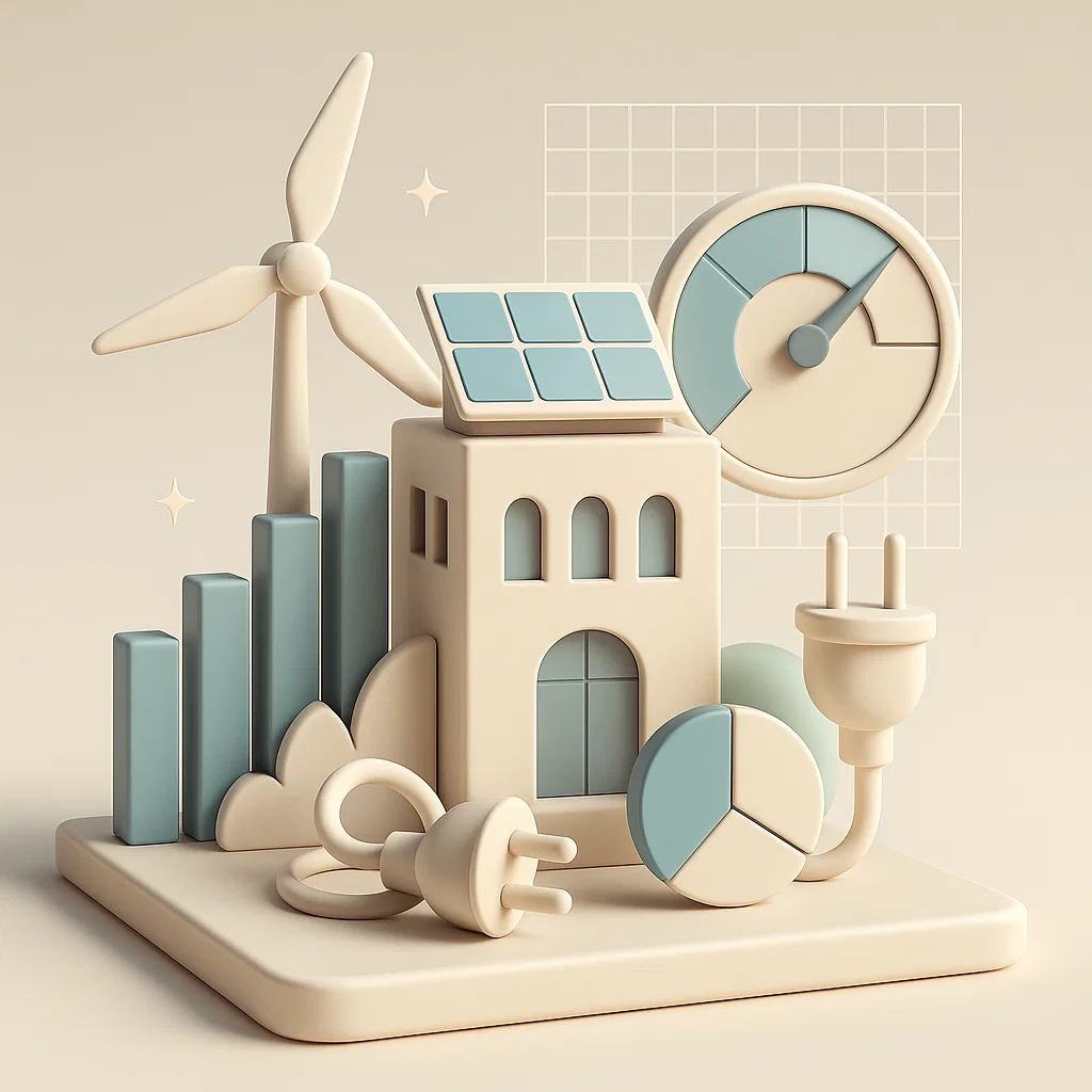 Un'azienda con elementi che indicano l'energia come una pala eolica e prese con grafici