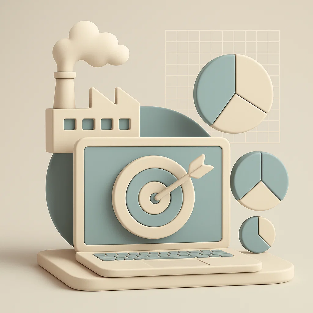 un computer con al centro un obbiettivo colpito da una freccia, con grafici e un'azienda