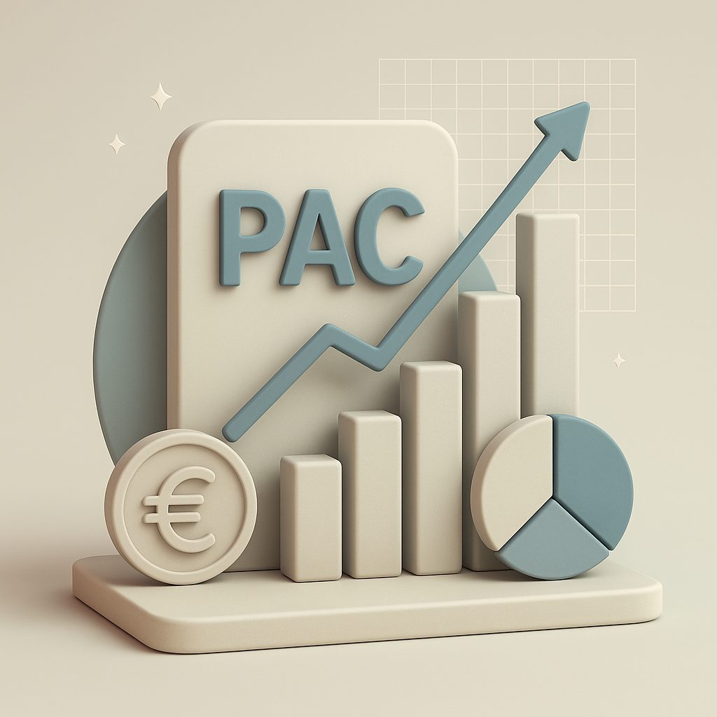 soldi e grafici che circondano un cartello con scritto pac