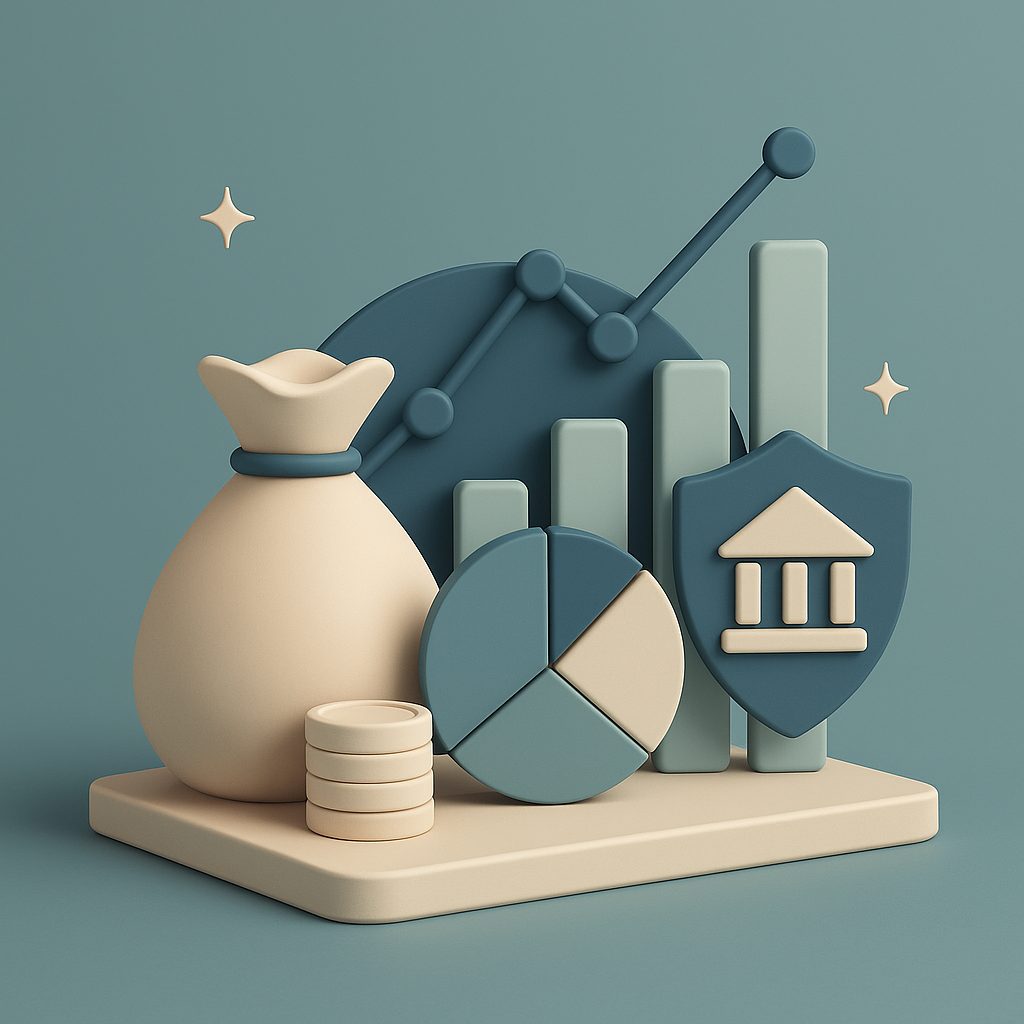 elementi finanziari con soldi e un grafico che cresce