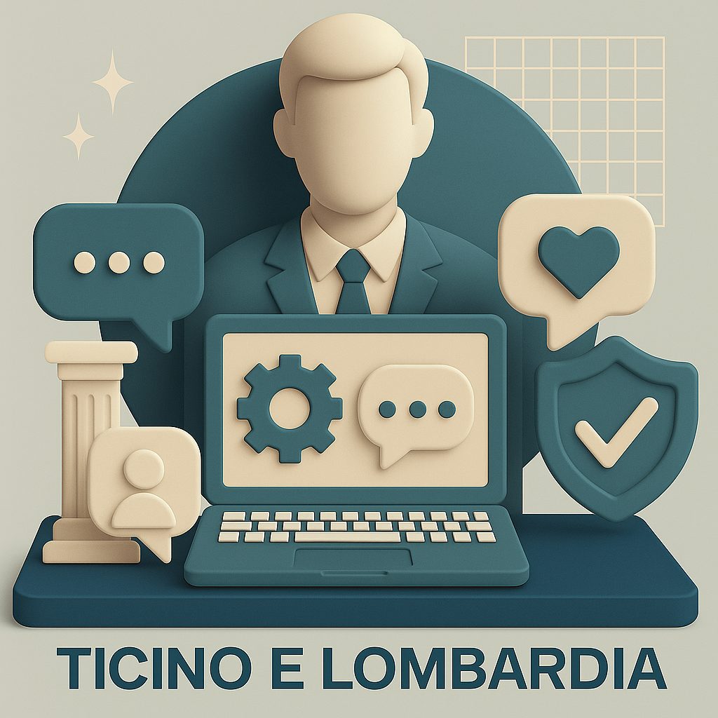 Consulente aziendale con un computer e con la scritta Ticino e Lombardia.