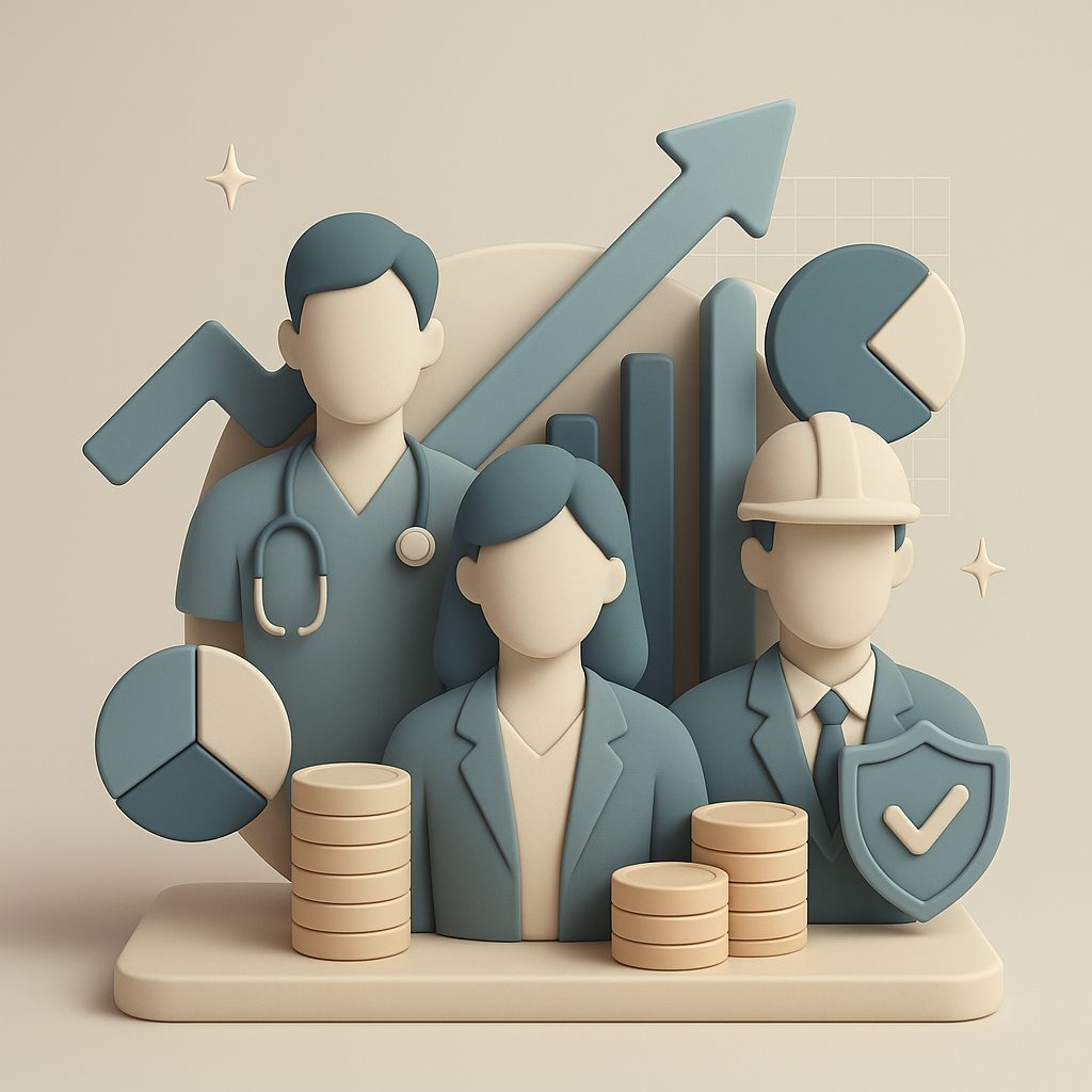 persone in divisa da lavoro con grafico che punta in alto