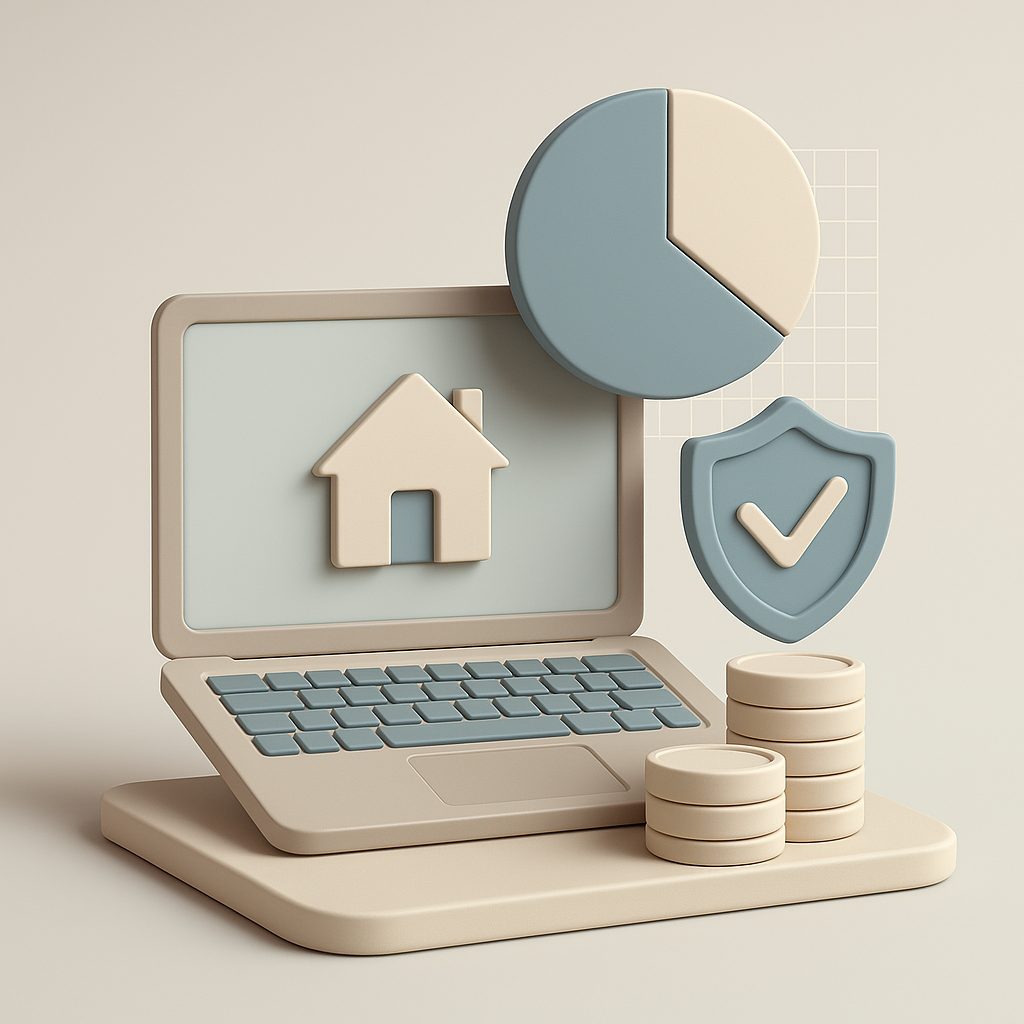 computer con una casa e soldi