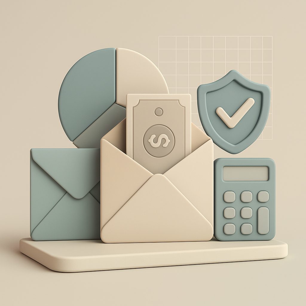 buste posta con soldi e calcolatrice