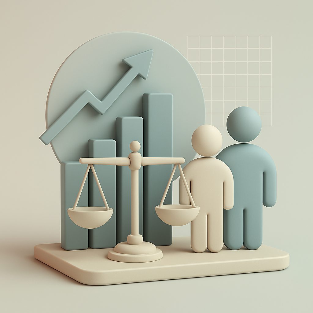 2 imprenditori con affianco una bilancia e grafico