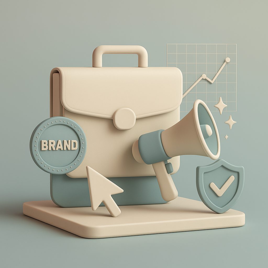 valigia, megafono e scritta brand