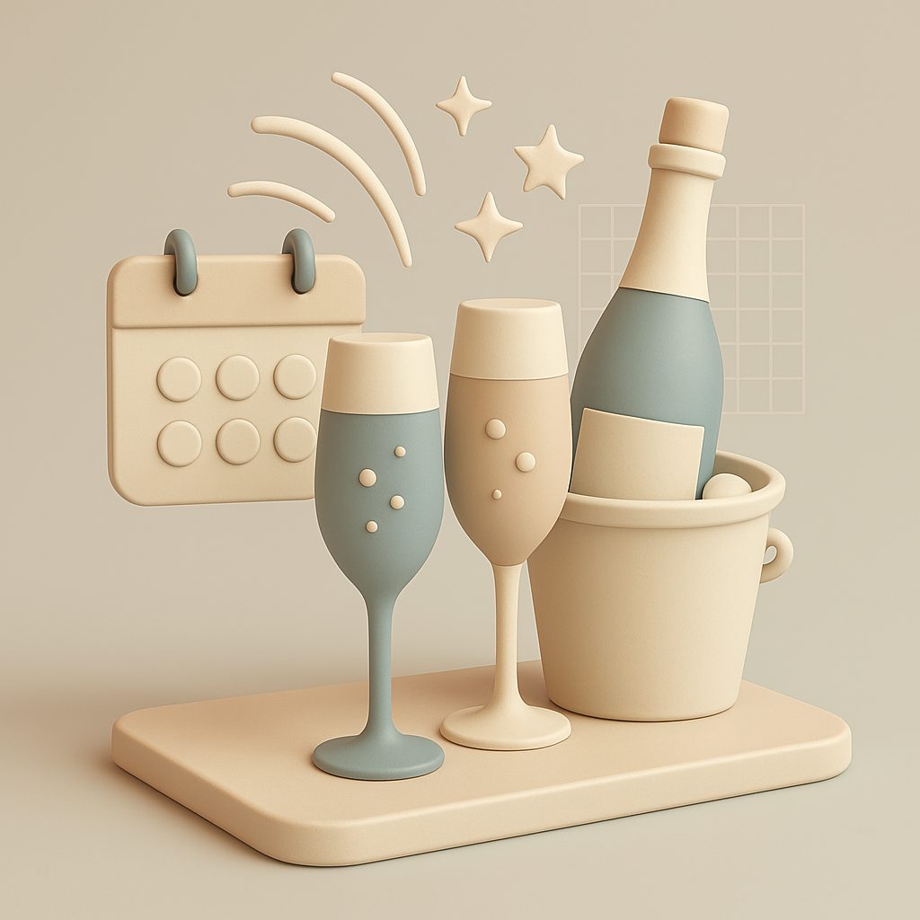 bottiglia, calici e calendario