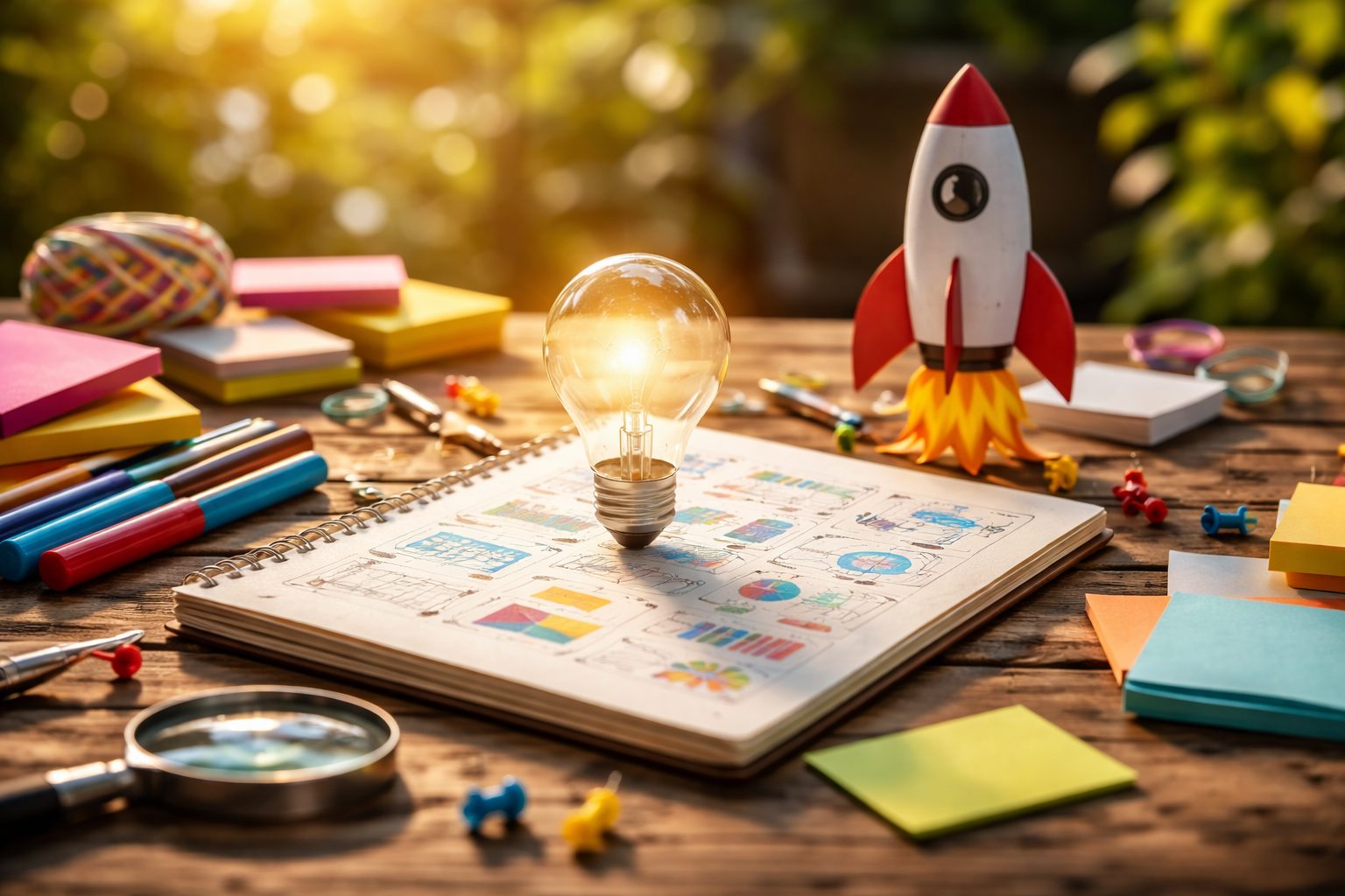 Le idee scritte su un quaderno nel marketing con lampadina