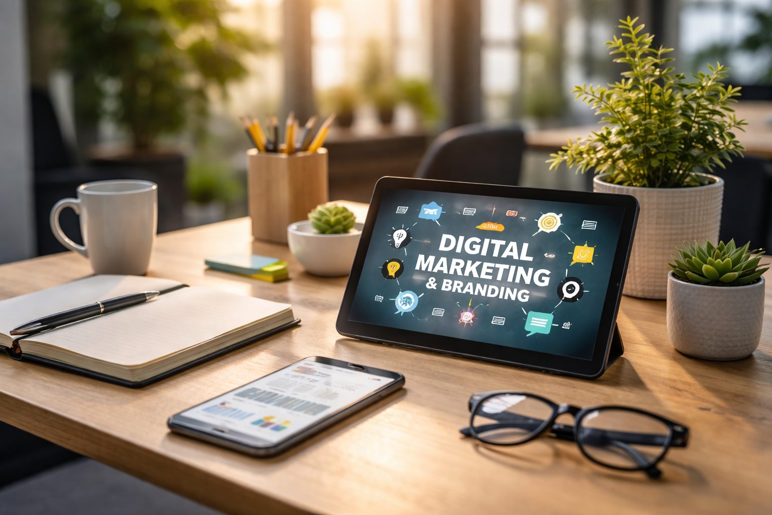 ufficio con lavoro sul Digital marketing e branding