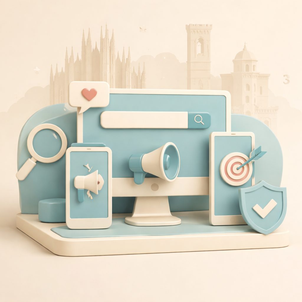 elementi di digital marketing con sfondo di Milano e Bergamo