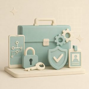 telefono, valigia e tesserino aziendale