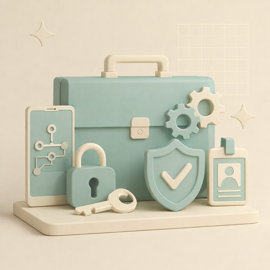 telefono, valigia e tesserino aziendale