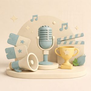 Sanremo con microfono ed elementi da palco